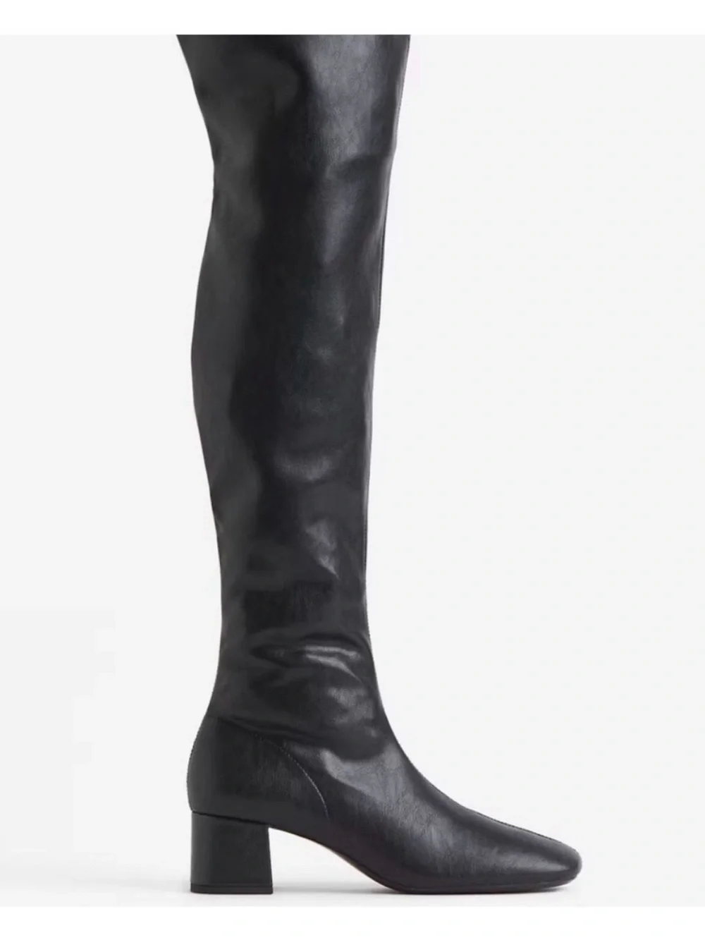 H&M Black Over-the-Knee Leather Boots with Block Heel